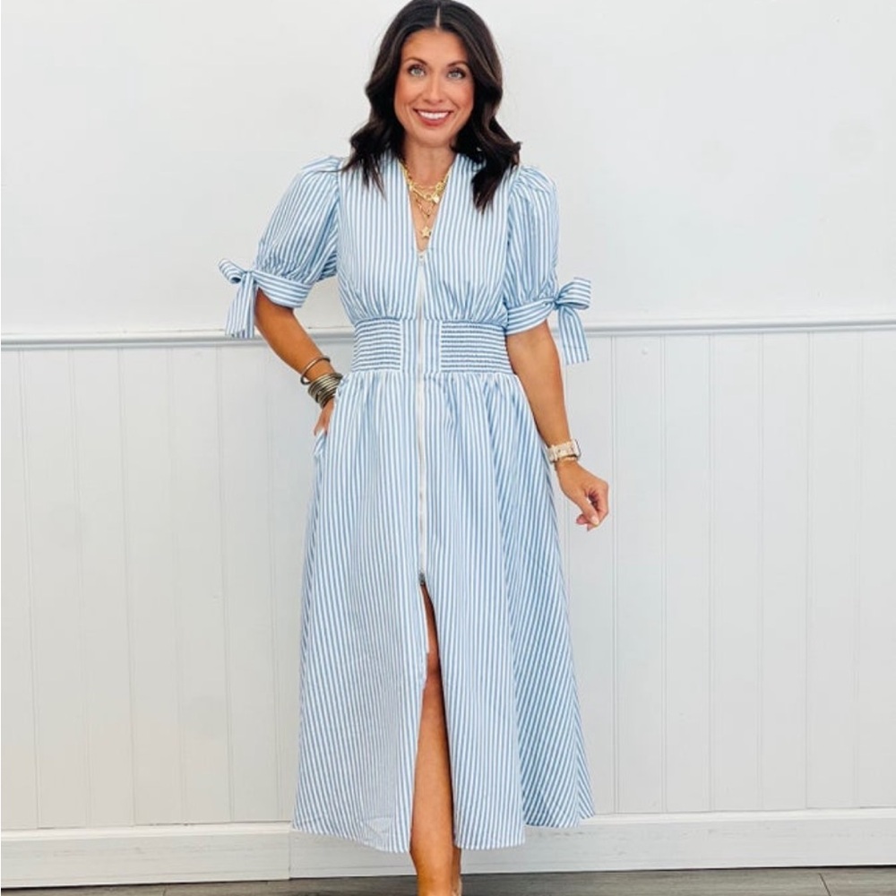 Blue and White Striped Blue Midi Dress by Entro - Small Walker Rose Boutique